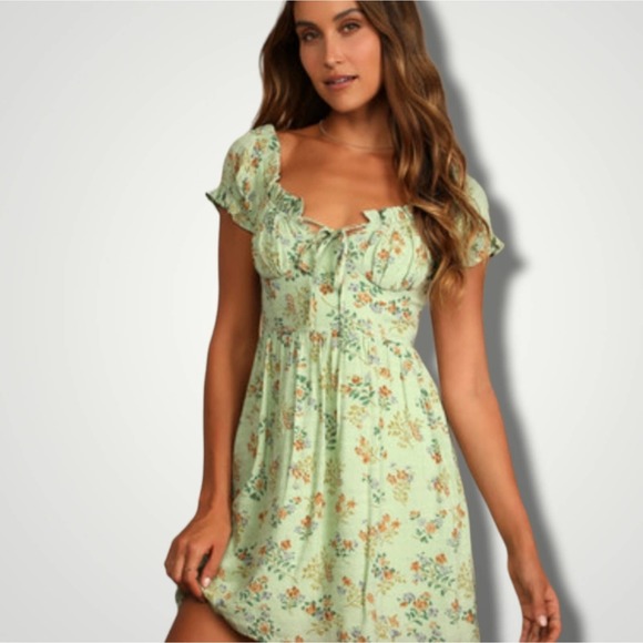 LULU’S ALL HEART SAGE GREEN FLORAL PRINT OFF-THE-SHOULDER SKATER MINI DRESS - Picture 1 of 12